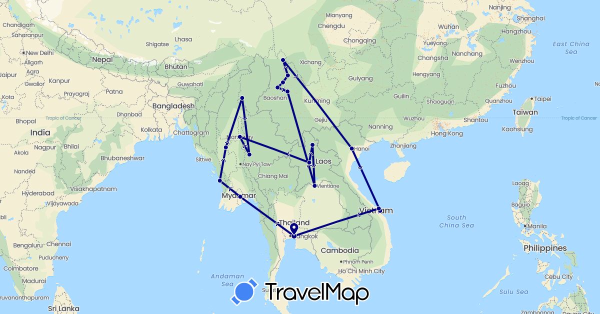 TravelMap itinerary: driving in China, Laos, Myanmar (Burma), Thailand, Vietnam (Asia)